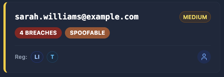 Cyborux email card showing a discovered employee email flagged as "Spoofable" — indicating the domain lacks proper DMARC enforcement — alongside breach appearances and registered services