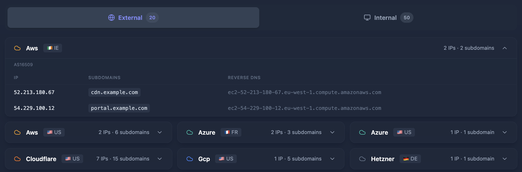 Cyborux Infrastructure external view showing cloud providers grouped by country — AWS Ireland expanded with IP addresses, linked subdomains, and reverse DNS entries. Cloudflare, Azure, GCP, Hetzner, and other providers visible as collapsed cards with IP and subdomain counts