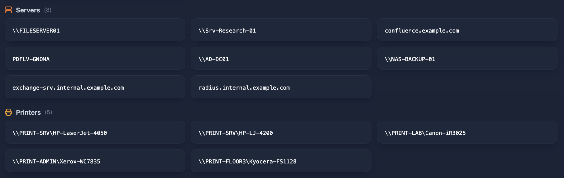 Cyborux Infrastructure internal view showing server names and printer paths discovered in document metadata — Windows UNC paths, Active Directory controllers, and network printer shares revealing internal network structure