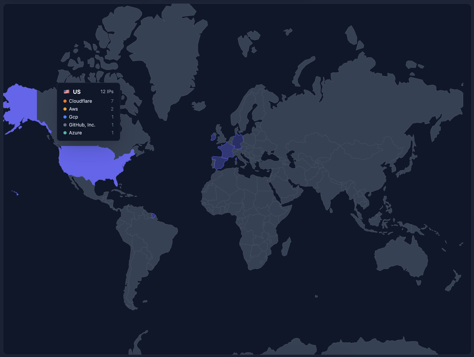 Cyborux Infrastructure geographic distribution map — choropleth world map showing IP concentration by country with hover tooltip displaying provider breakdown and IP count for the United States